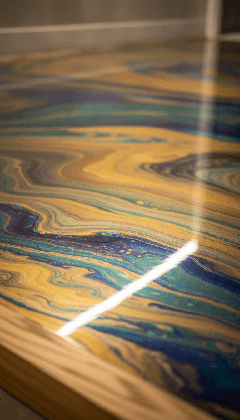 Close-up of decorative epoxy floor with metallic swirls