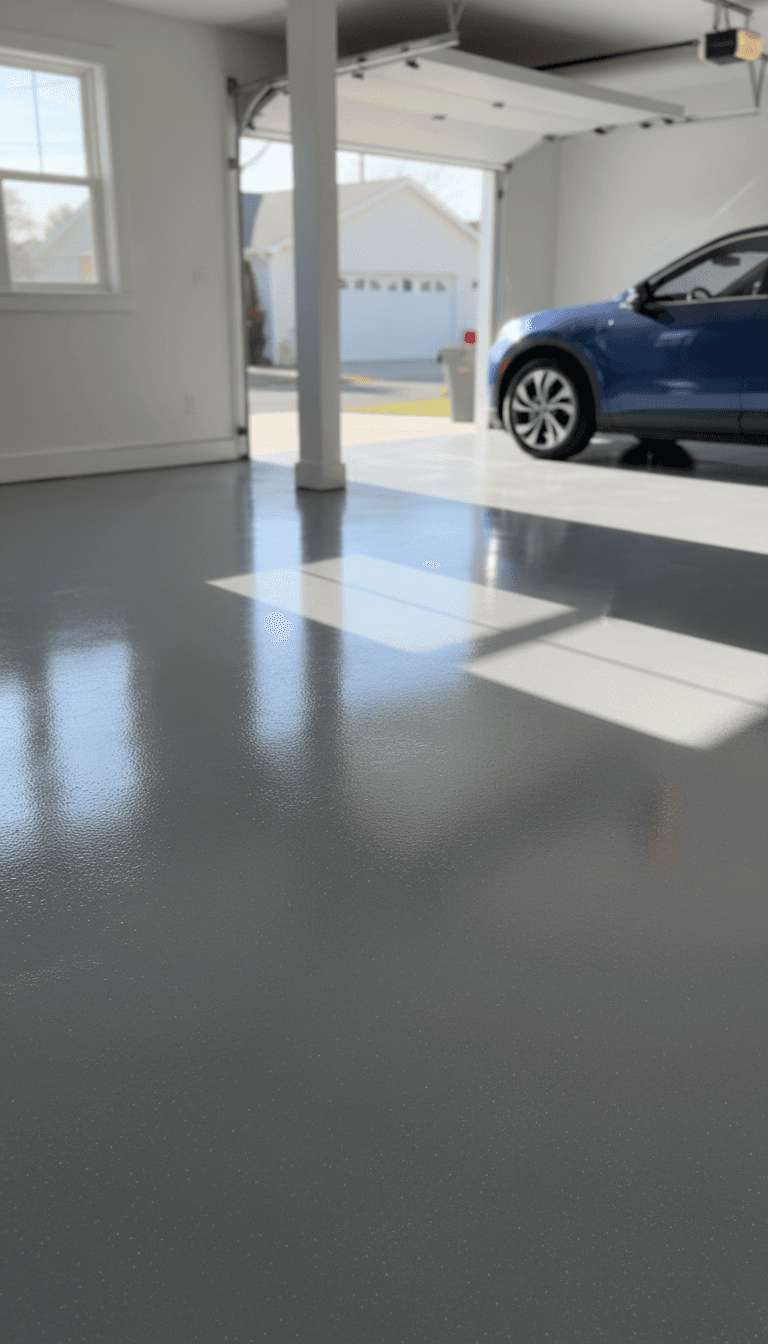 Finished epoxy garage floor in charcoal with vehicle